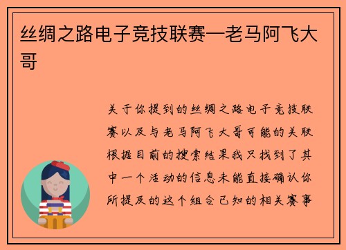 丝绸之路电子竞技联赛—老马阿飞大哥